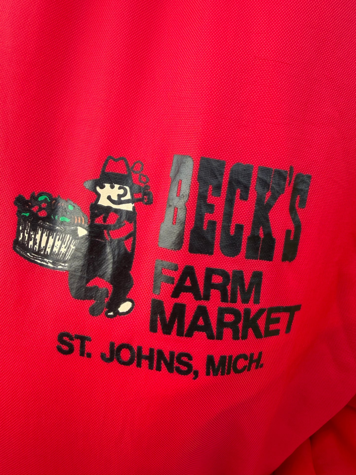 Vintage 80s Beck’s Farm Market Satin Jacket Red Holloway St Johns Michigan Americana Farm Country Snap Front