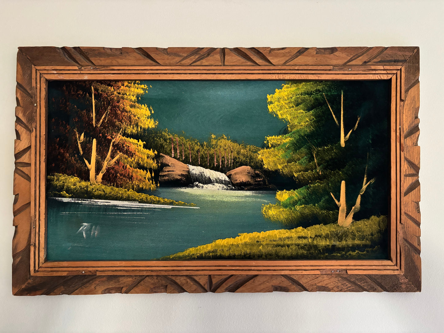 Vintage 1970s Mexican Velvet Painting Waterfall Landscape Carved Wood Frame MCM Cabin Lodge Wall Art Mexico