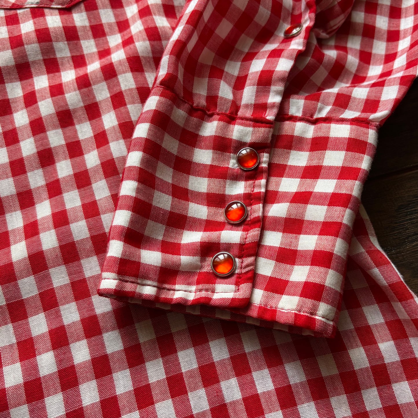 Vintage 70s Sears Western Snap Shirt Red White Gingham Pearl Snap Cowboy Button Up Men’s Large