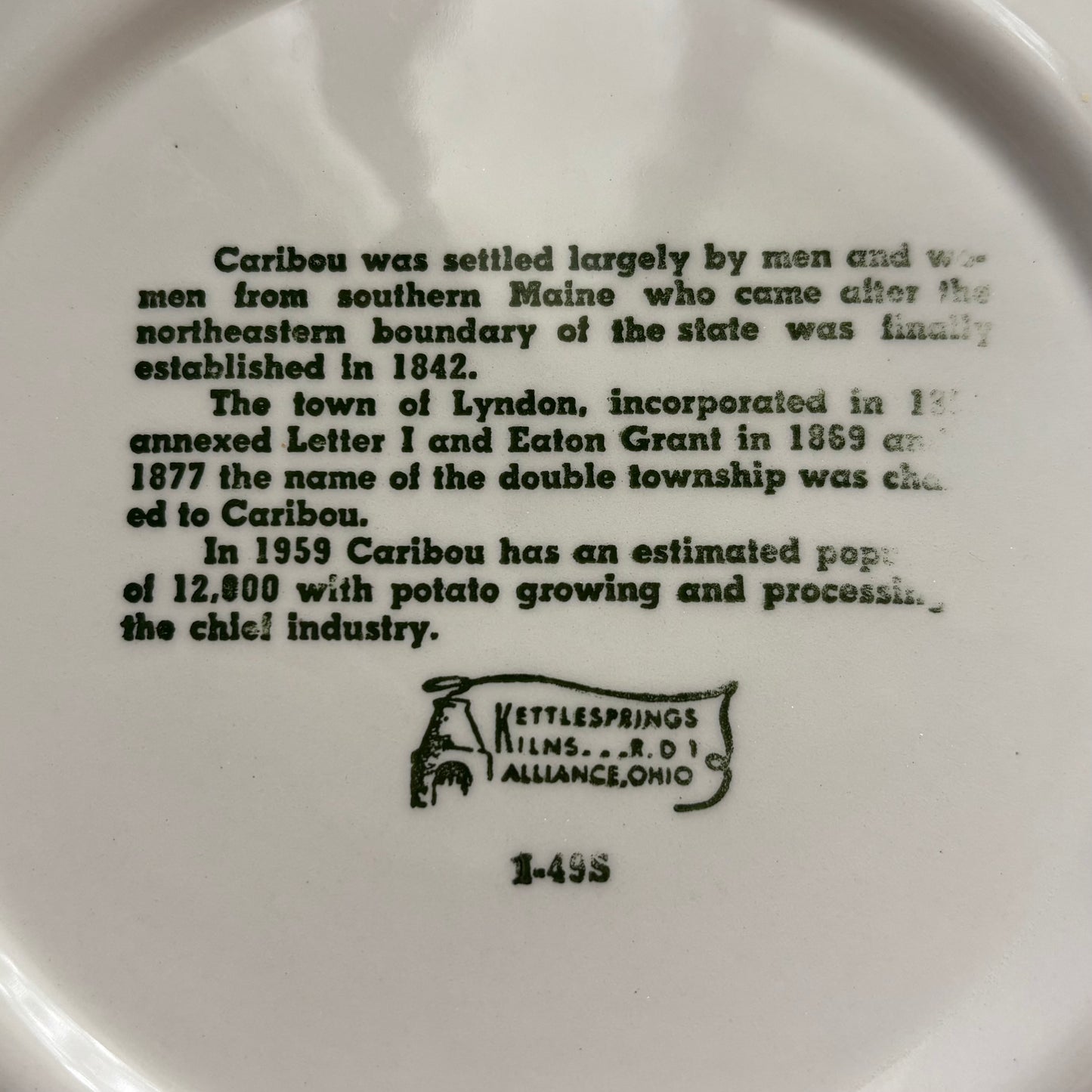 Vintage 1959 Caribou Maine Centennial Plate | Kettlesprings Kilns Souvenir Plate | Mid Century Americana Transferware | Maine Potato Country