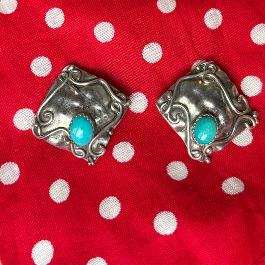 Vintage Southwestern Turquoise Earrings | 1950s 1960s Silver Tone Cowgirl Western Jewelry