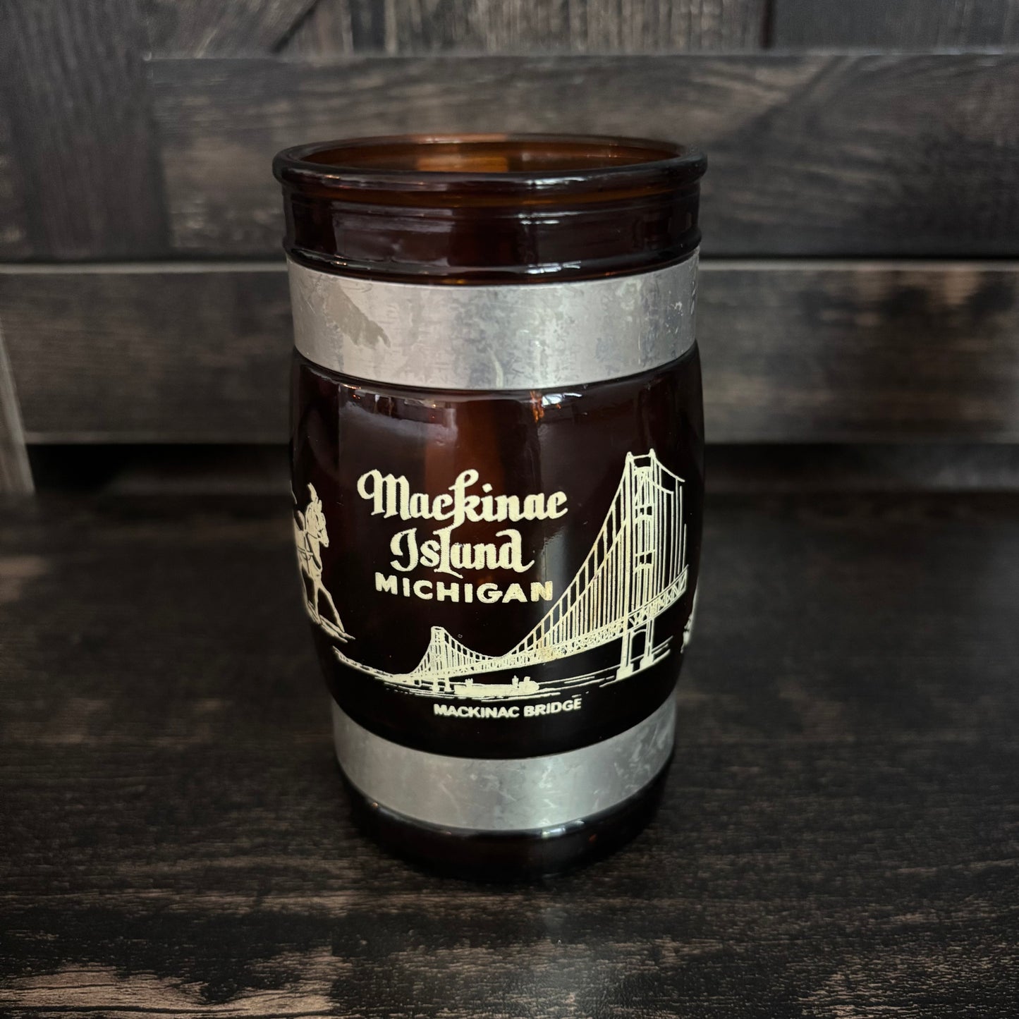 Vintage Mackinac Island Michigan Barrel Mug Set Smoked Glass Grand Hotel Mackinac Bridge Retro Tourist Souvenir Cups