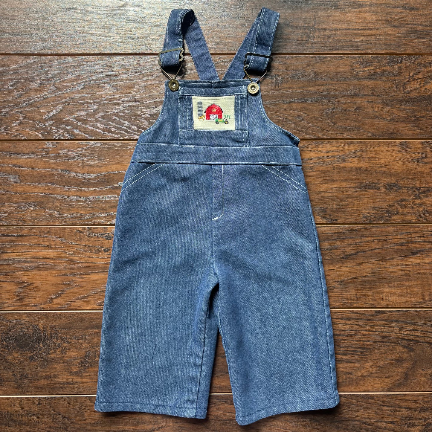 Vintage Handmade Kids Denim Overalls Cross Stitch Farm Barn Tractor Country Bib Overalls