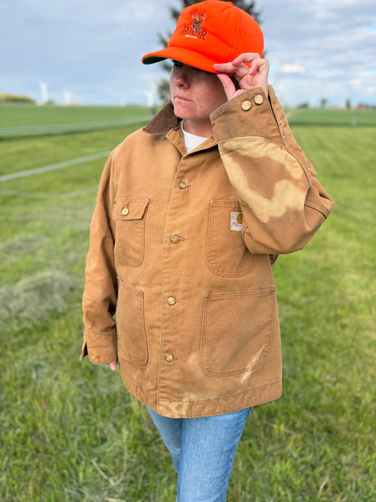 Vintage 70’s/80’s Carhartt Blanket Lined Chore Coat Distressed Duck Canvas Workwear Barn Coat Faded Tan USA Made Size 42