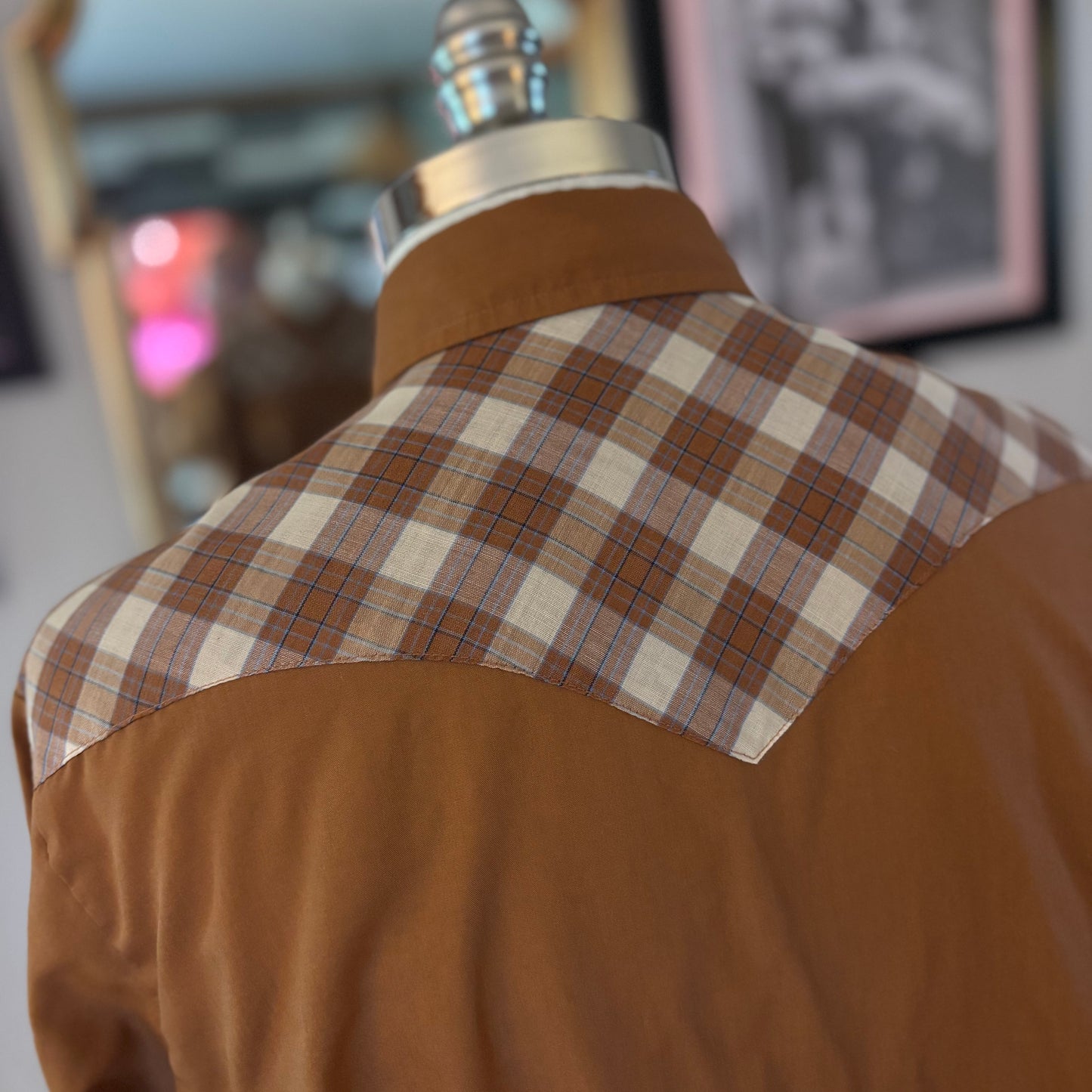 Vintage 1970s Western Pearl Snap Shirt Brown Plaid Yoke Made in Korea Medium Retro Ranchwear