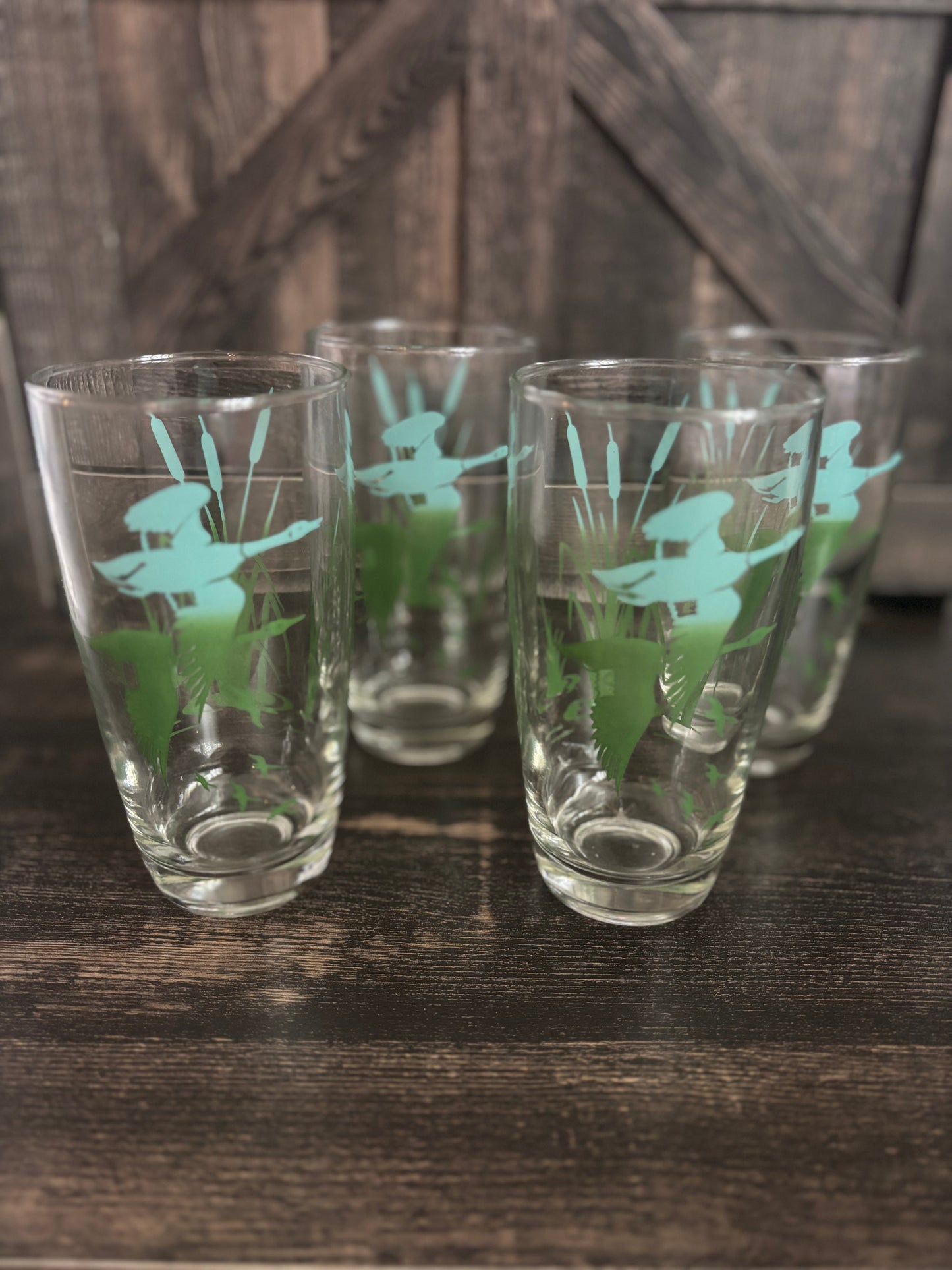 Vintage Flying Geese Drinking Glasses Set of 4 | Mid Century Waterfowl Tumblers | Cattails & Marsh Scene Barware