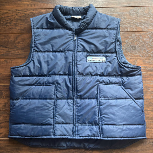 Vintage Puffer Vest with PTI Patch XL Made in USA Blue Quilted Workwear Puffer Vest