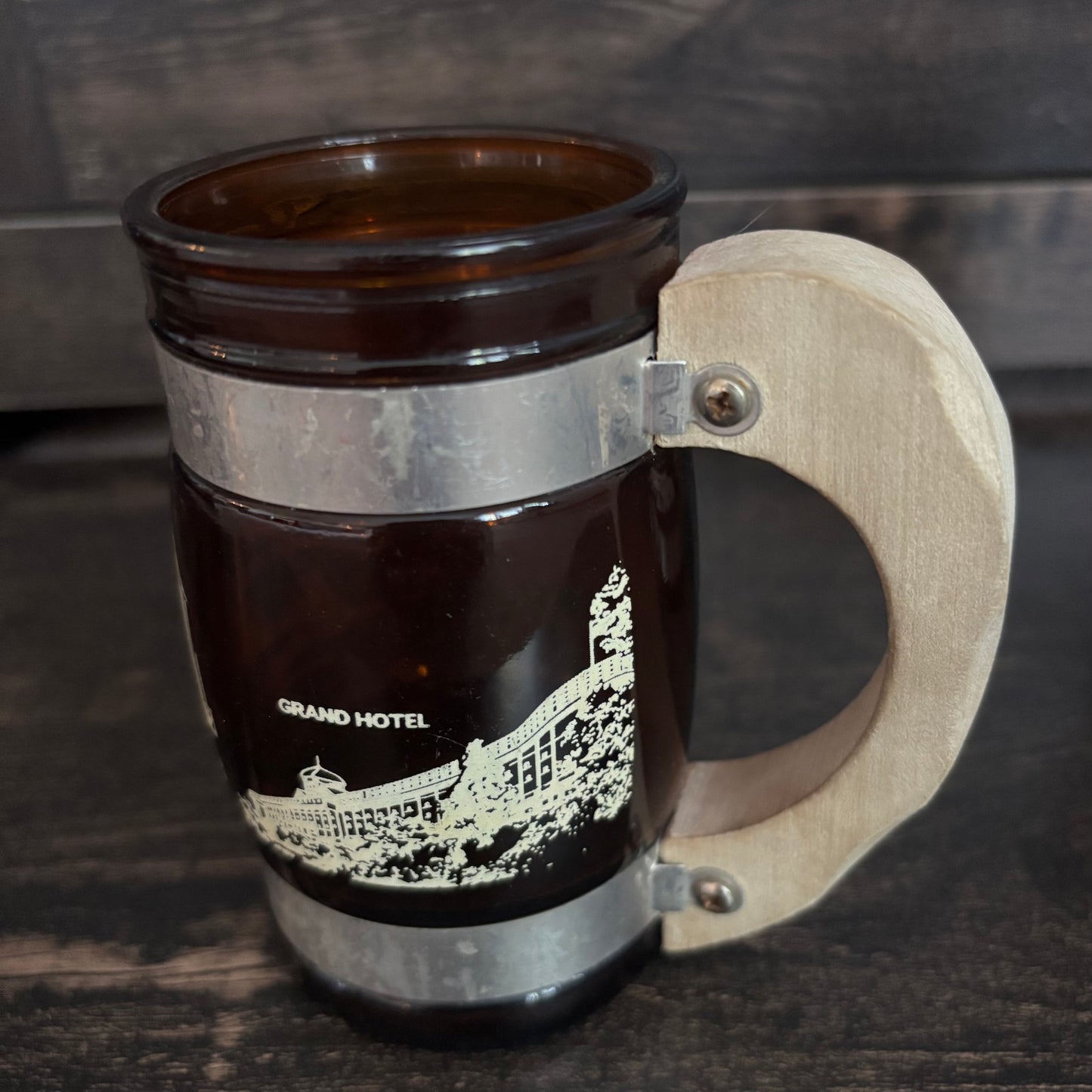 Vintage Mackinac Island Michigan Barrel Mug Set Smoked Glass Grand Hotel Mackinac Bridge Retro Tourist Souvenir Cups