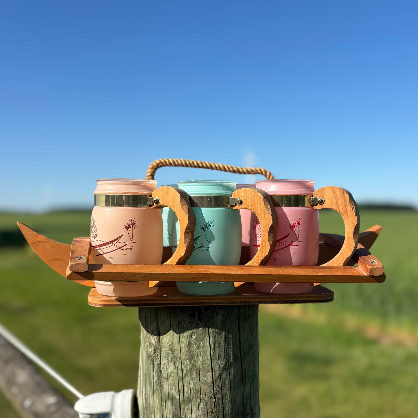 Vintage Siesta Ware Tiki Mug Set w/ Outrigger Caddy | Pastel Hawaiian Barware | MCM Set of 6