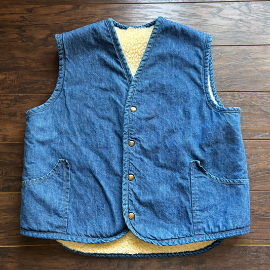 Vintage 1970s Denim Sherpa Vest | Western Ranch Workwear | Snap Front