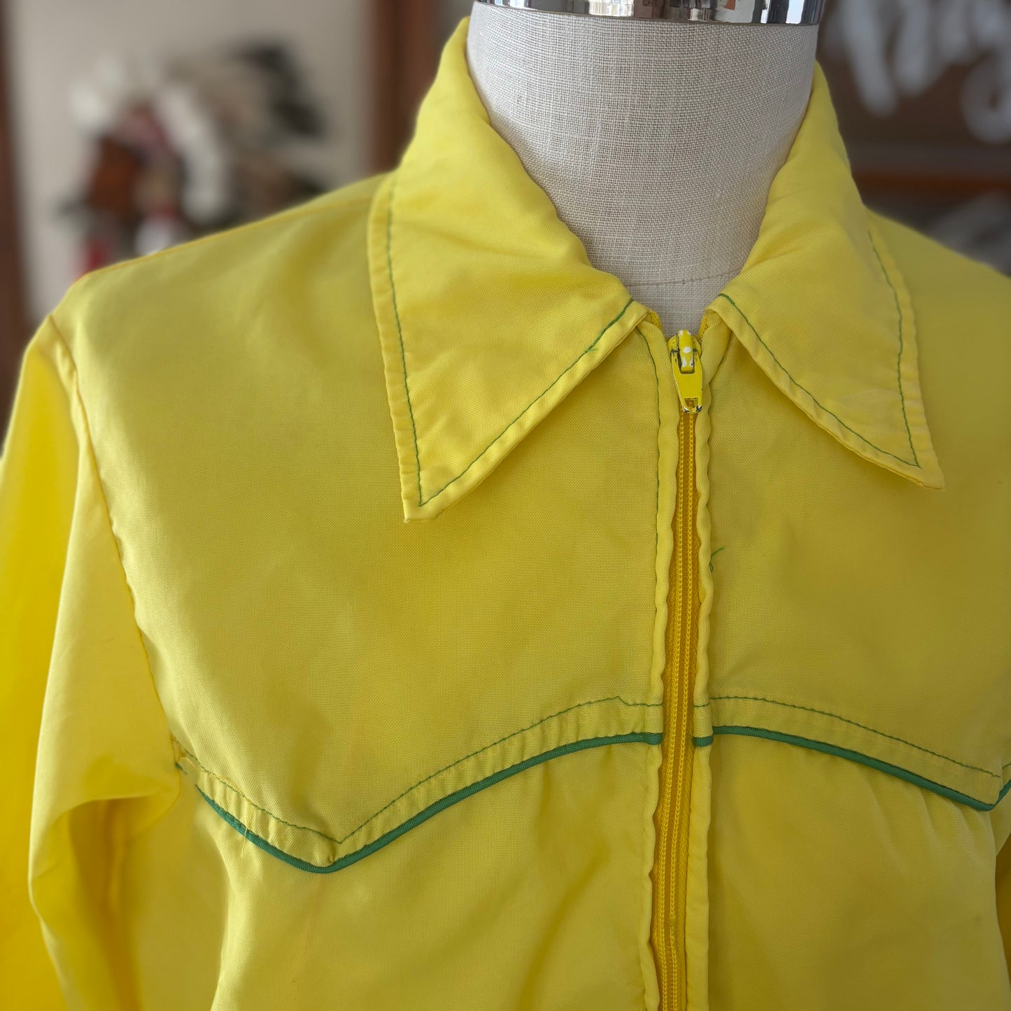 Vintage 70s Western Windbreaker Jacket Yellow Rodeo Yoke Piped Ranchwear