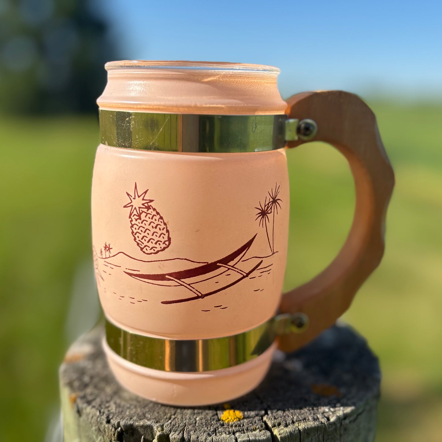 Vintage Siesta Ware Tiki Mug Set w/ Outrigger Caddy | Pastel Hawaiian Barware | MCM Set of 6