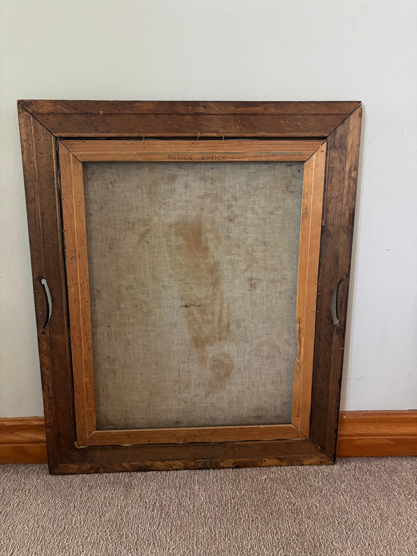 Vintage Black Velvet Native American Portrait Painting Carved Wood Frame Mexico
