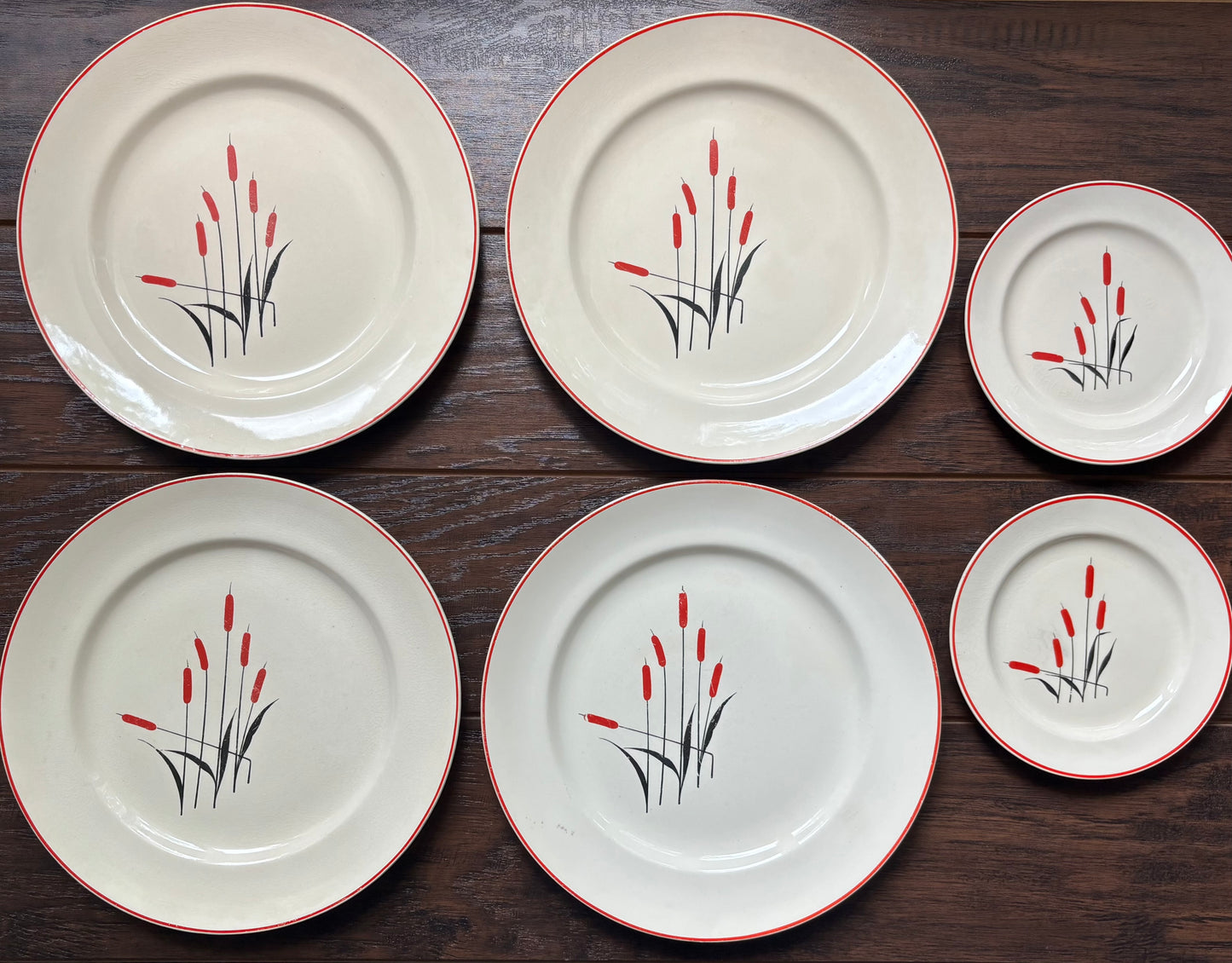 Vintage Universal Cambridge Camwood Ivory Cattail Dinner Plate Set | Mid Century Modern Red Rim Pottery | 4 Dinner & 2 Bread Plates | USA