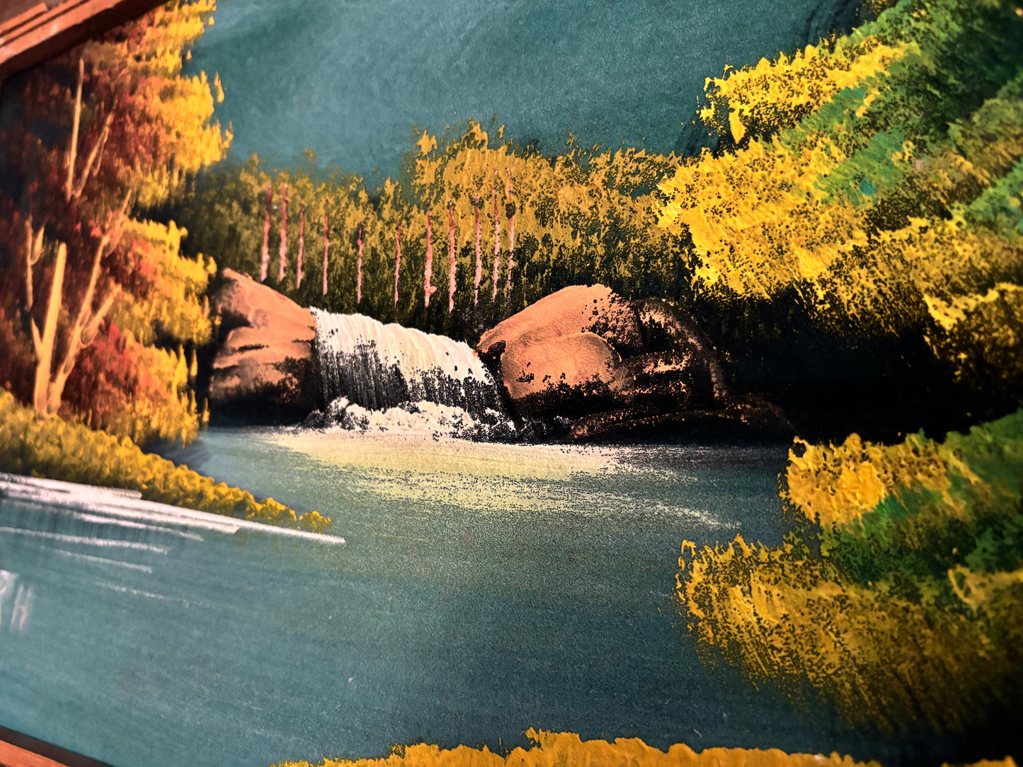 Vintage 1970s Mexican Velvet Painting Waterfall Landscape Carved Wood Frame MCM Cabin Lodge Wall Art Mexico