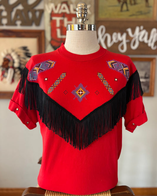 Vintage 90s Western Fringe Shirt | Red Cowgirl Core Top | Country Concert Rodeo Tee | Made in USA