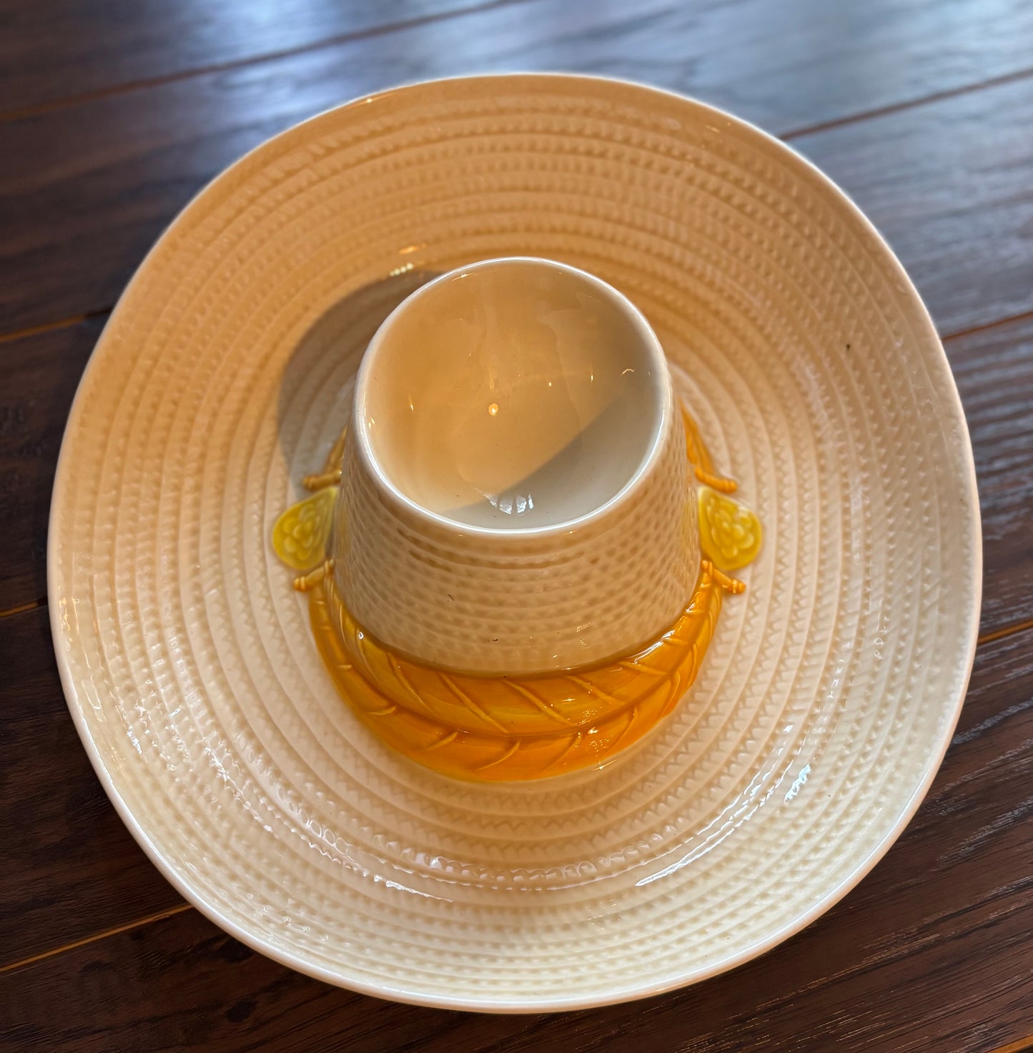 Vintage Mid Century Metlox California Chip and Dip Dish | Woven Hat Serving Bowl | Yellow Ribbon Ceramic Party Dish