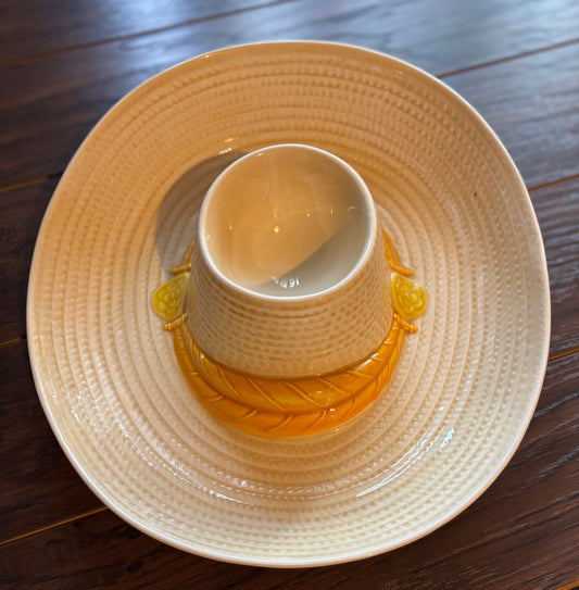 Vintage Mid Century Metlox California Chip and Dip Dish | Woven Hat Serving Bowl | Yellow Ribbon Ceramic Party Dish