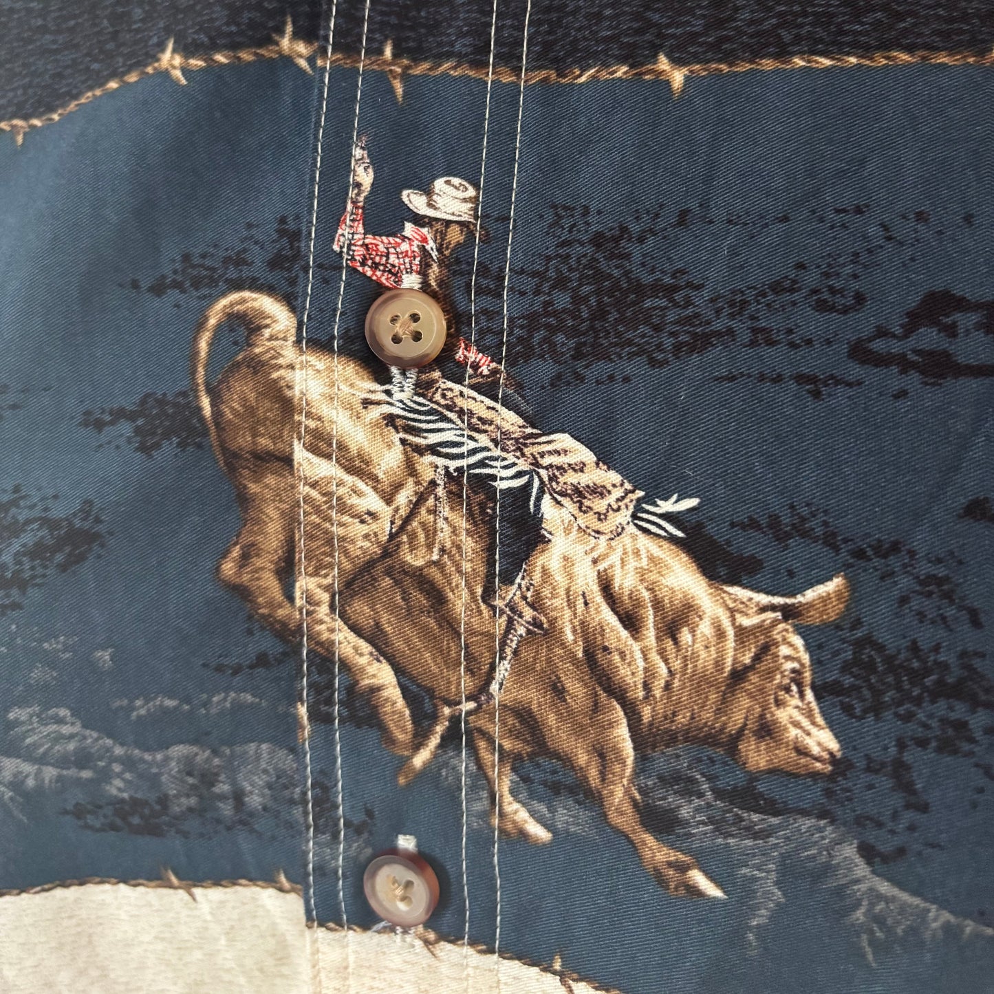 Vintage Bit & Bridle Rodeo Western Shirt Large | Bull Riding Cowboy Print Button Down | Made in Korea