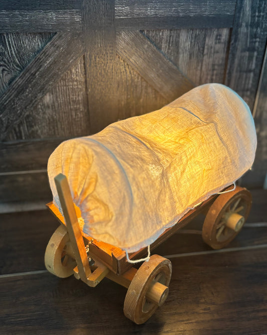 Vintage Covered Wagon Lamp | Rustic Western Pioneer Decor | Handmade Wood Prairie Wagon Night Light