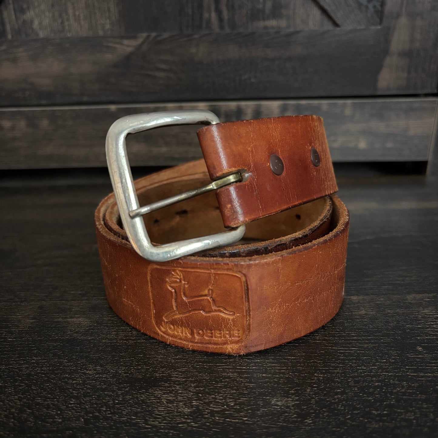 Vintage John Deere Leather Belt | Embossed Deer Logo Workwear Belt | 1980s Farm Ranch Western Americana Brown Leather Belt