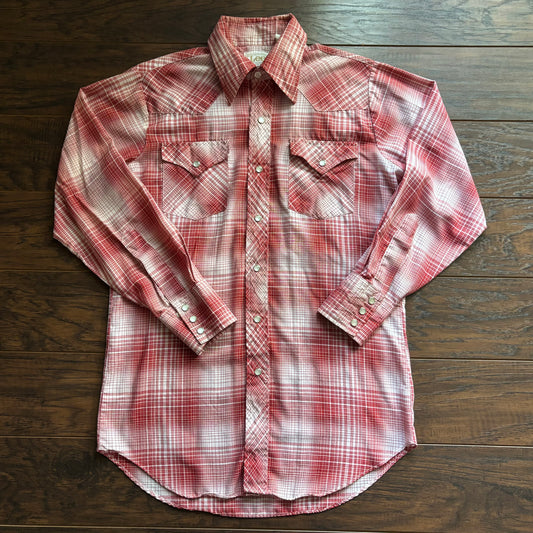Vintage 70s Lee Western Pearl Snap Shirt Red Plaid Extra Long Tails Cowboy Ranchwear USA Mens Button Up