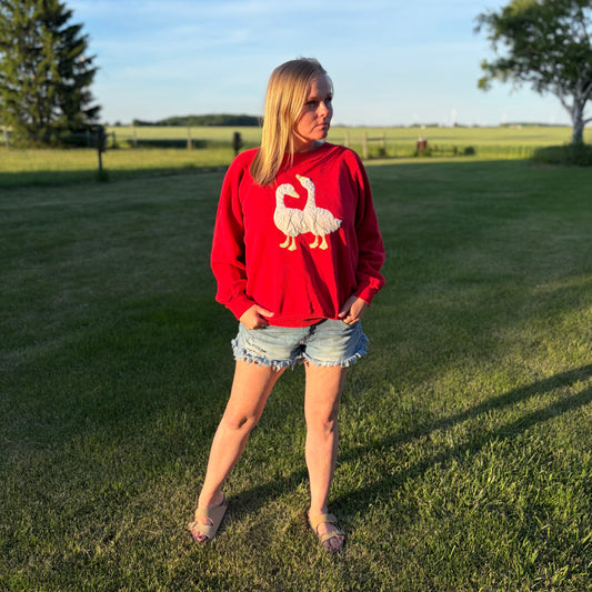 Vintage 1980s Red Goose Appliqué Sweatshirt | Bassett Walker BW | Cottagecore Farmhouse Quilted Bird Crewneck Oversized USA Made