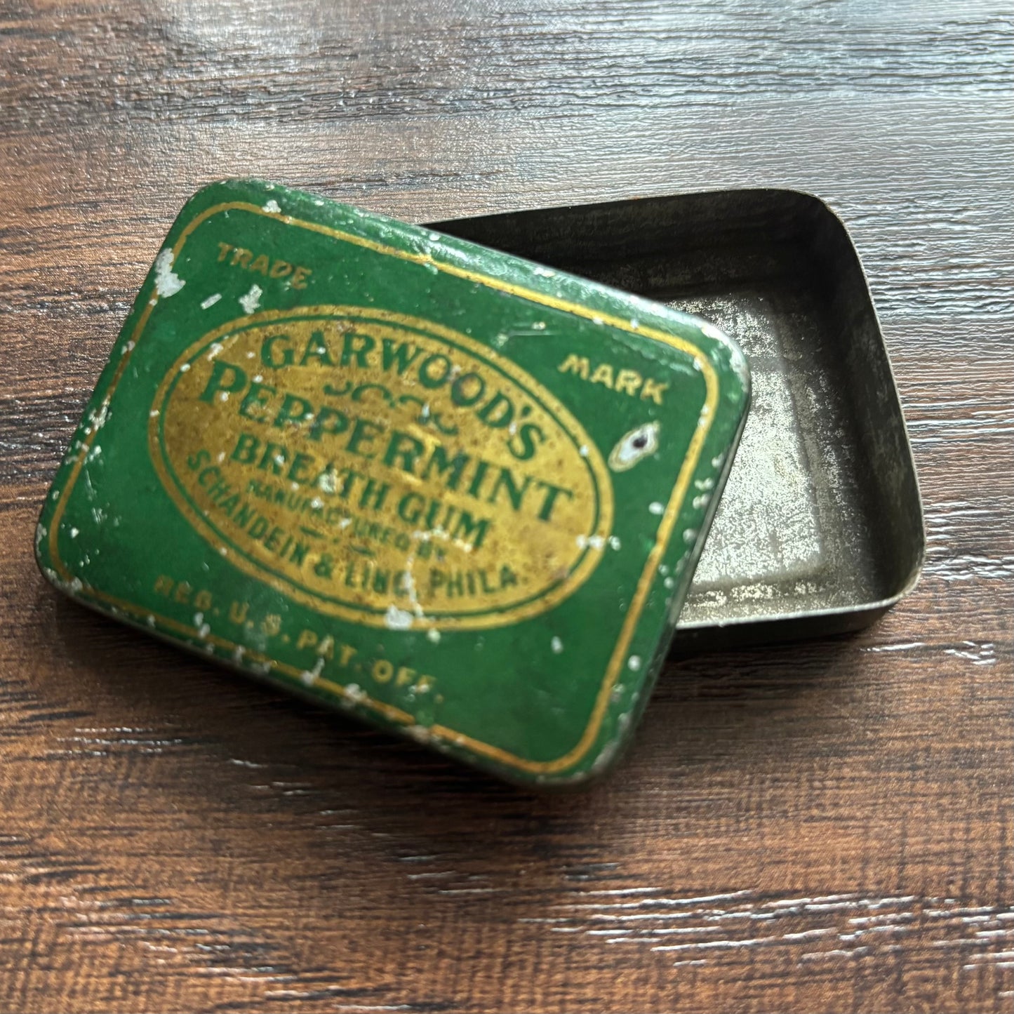 Antique Garwood’s Peppermint Breath Gum Tin c1910s Green Advertising Pocket Tin Schandein & Lind Philadelphia Vintage Metal Candy Tin