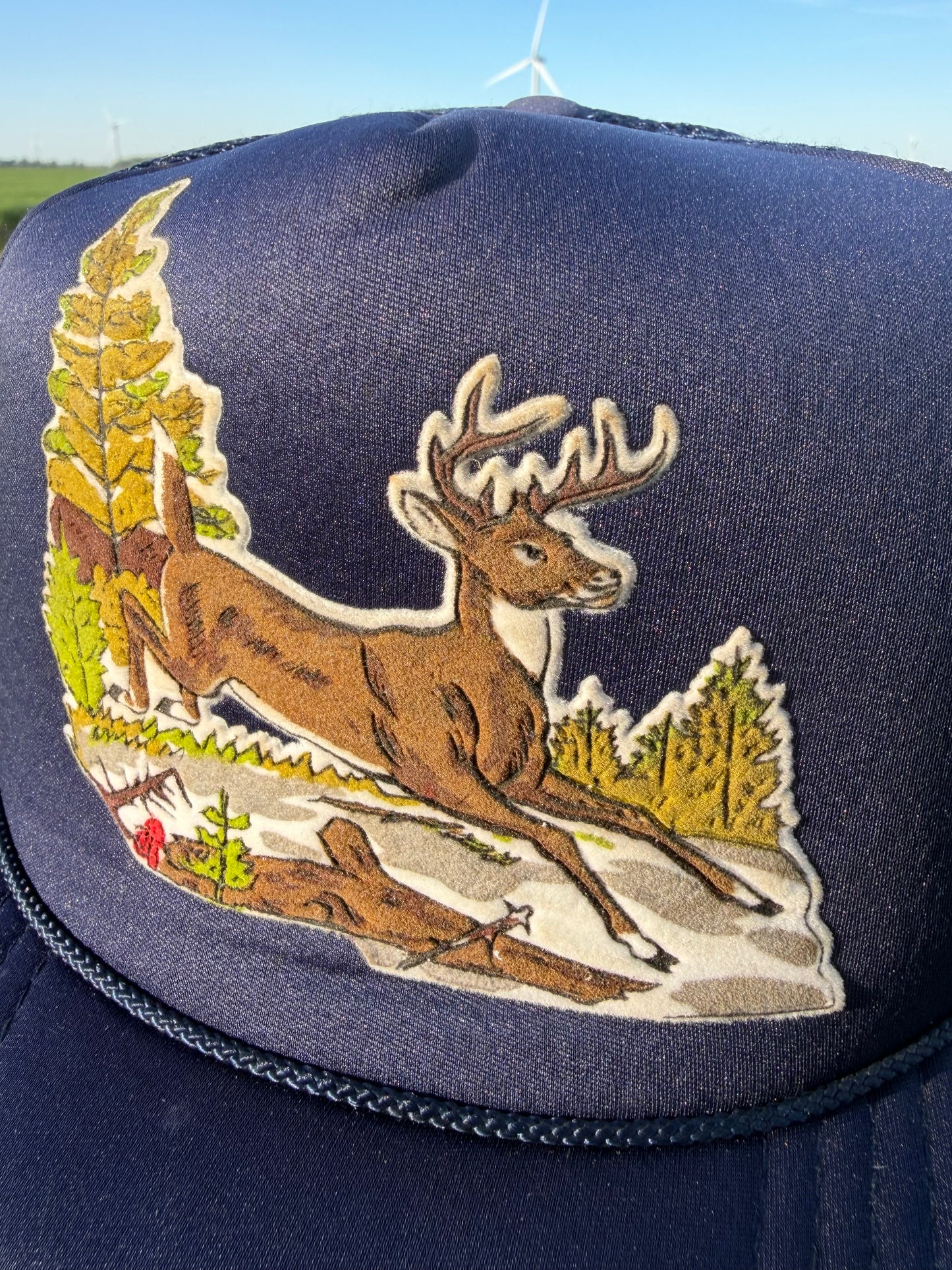 Vintage 80s Deer Hunting Trucker Hat Navy Blue Mesh Snapback Whitetail Buck Outdoors Made in Taiwan
