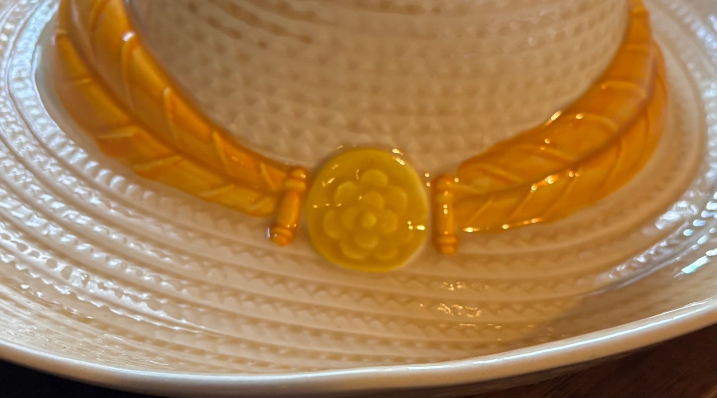 Vintage Mid Century Metlox California Chip and Dip Dish | Woven Hat Serving Bowl | Yellow Ribbon Ceramic Party Dish