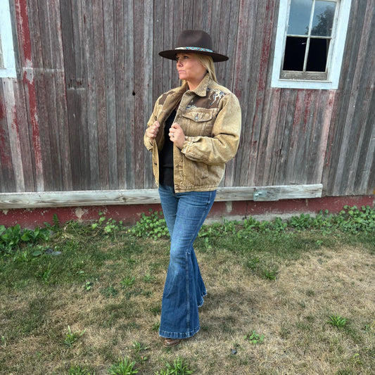Vintage Western Kenny Roger American Wear Denim Jacket with Tapestry Cowboy and Horse Print | Made In Hong Hong-RARE