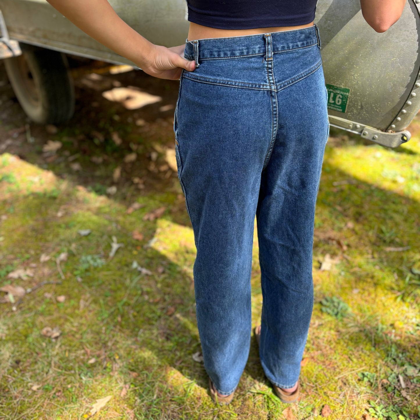 Vintage Women’s Pleated Waist Tapered Leg French Navy Jeans | Made in Singapore