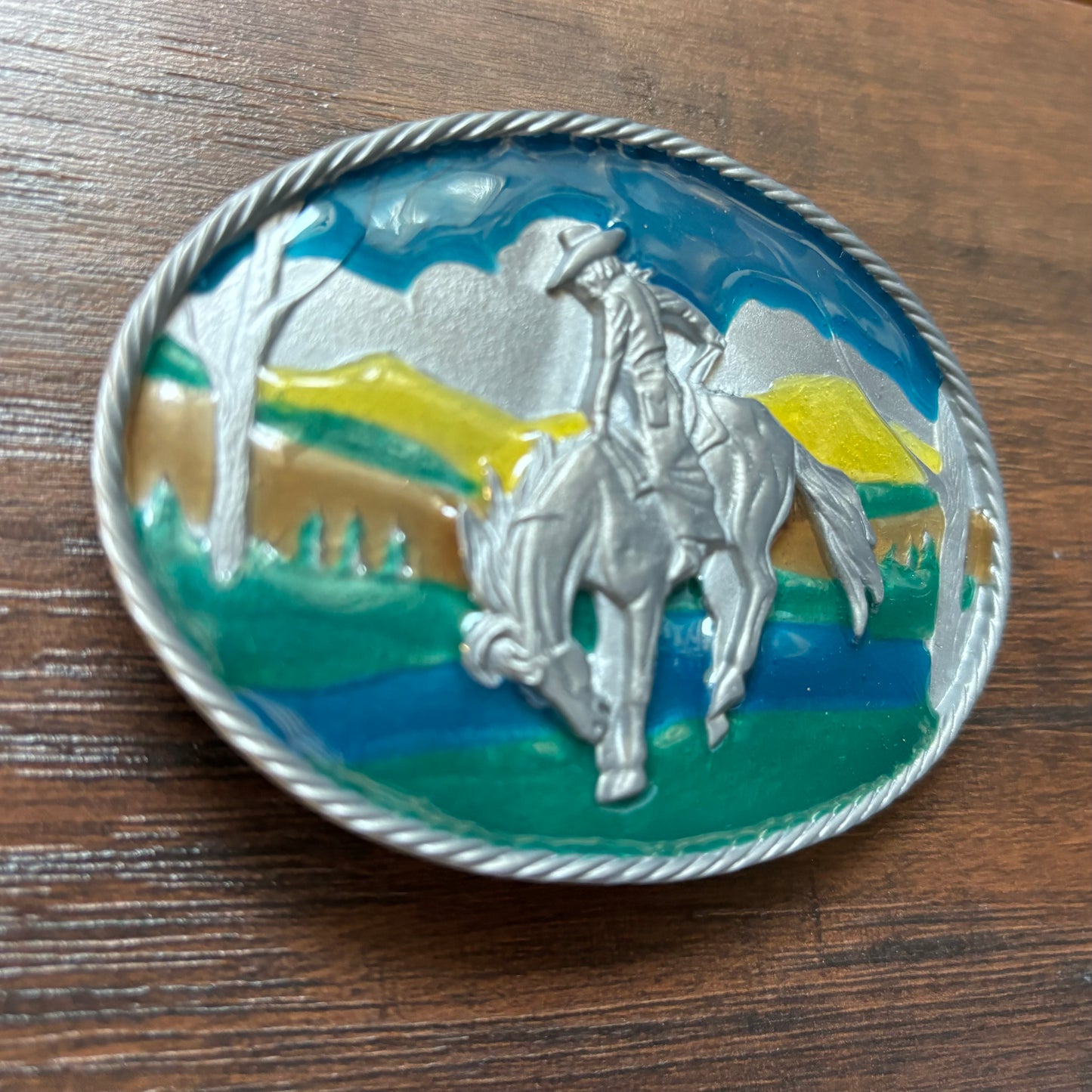 1981 Vintage Buckin’ Bronco Enamel Belt Buckle | The Great American Buckle Co.