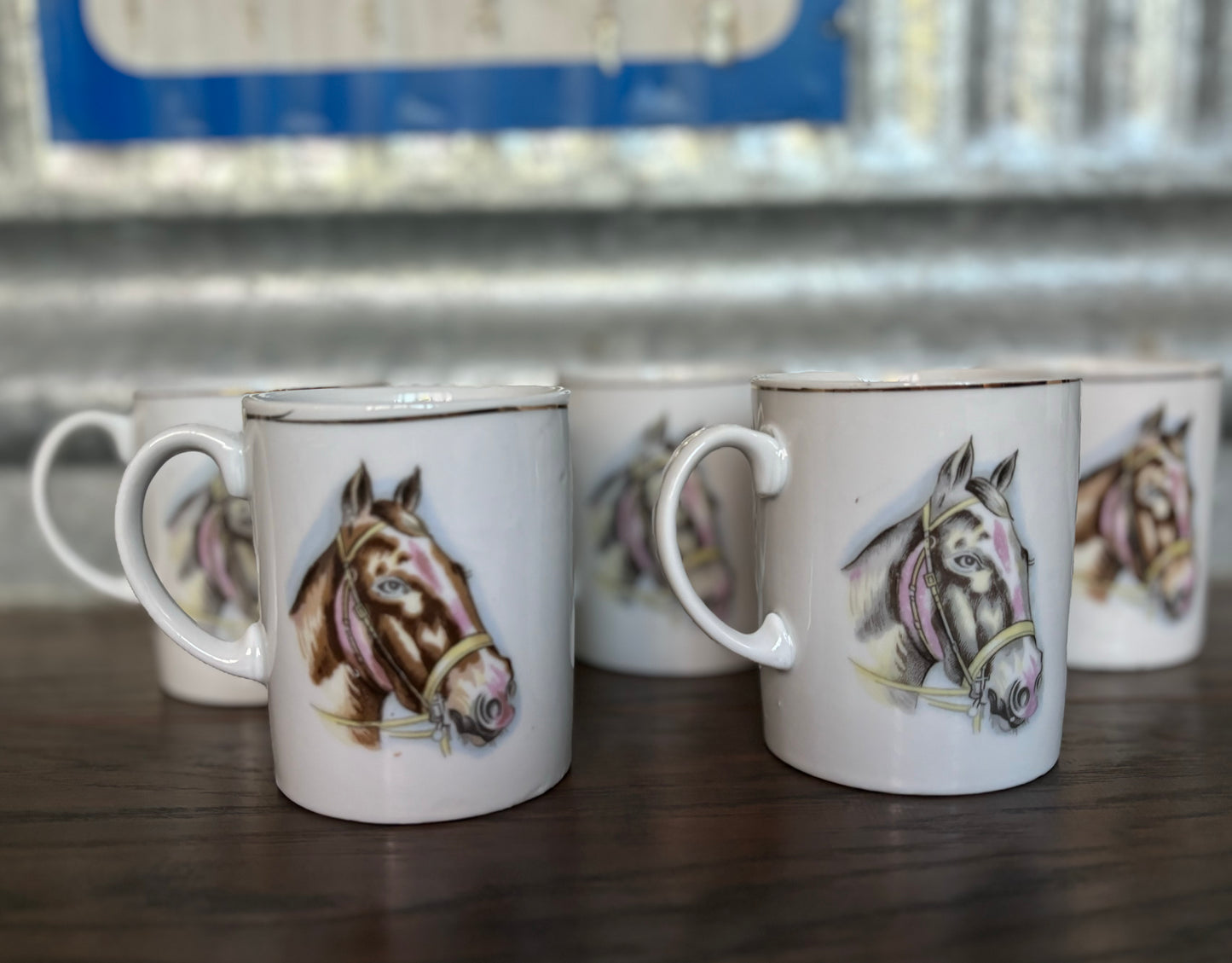 1960’s Vintage Set of 5 Horse Mugs with Gold Trim | Made in Japan