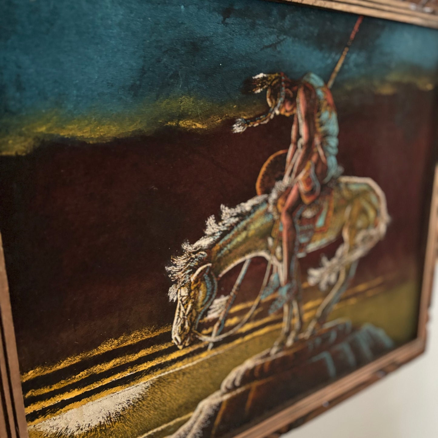 70’s Vintage Black Velvet Painting “End of Trail” with Wooded Frame | Hecho en Mexico