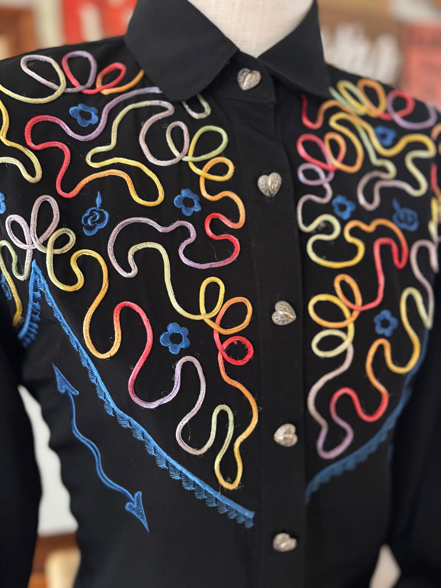 Vintage Saddle Ridge Western Shirt Black | 1980s Chain Stitch Embroidered Cowgirl Snap Button Rodeo Blouse