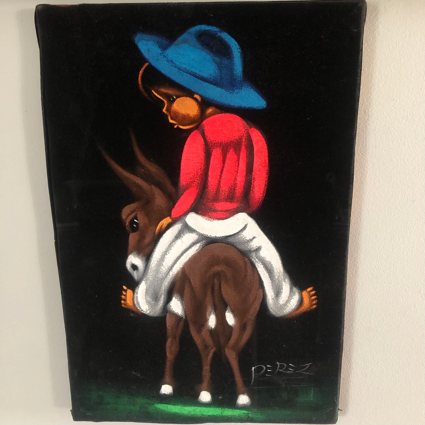 70’s Vintage Black Velvet Painting of Mexican Boy Riding Burro Unframed | by Perez