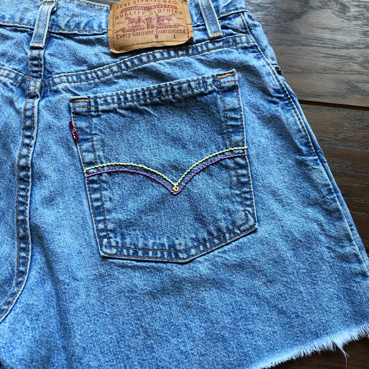 90's Vintage Levis Misses Denim Hand Embroidered Pockets Cutoff Shorts | Made in USA