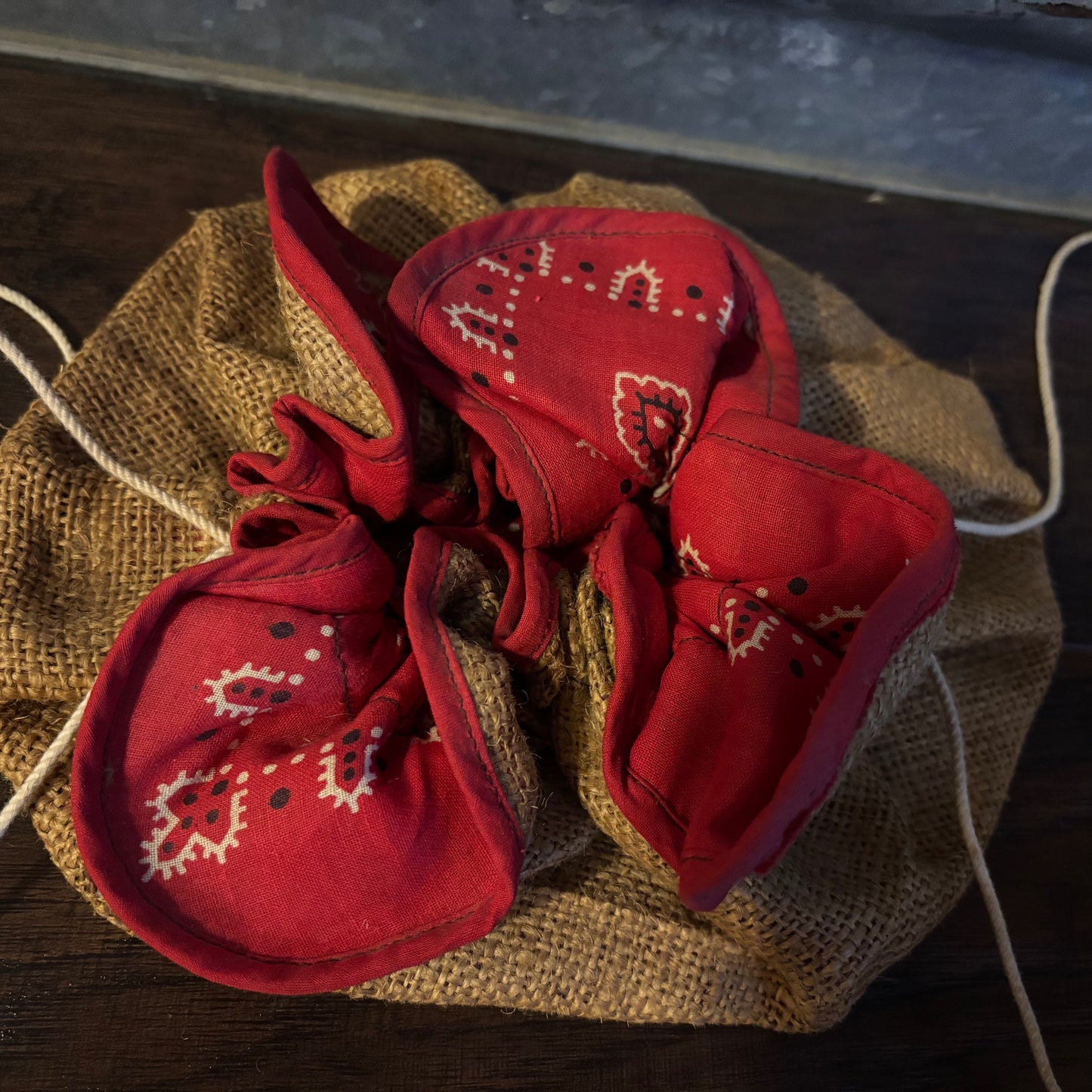 Vintage Homemade Burlap Hobo Handbag with Bandana Lining
