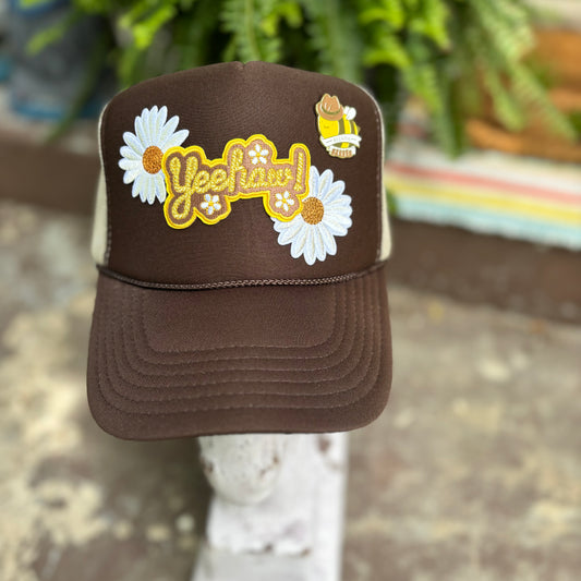 Cutomized Western Otto Trucker Hat with Yeehaw and Daisies Patches and Beehaw Enamel Pin