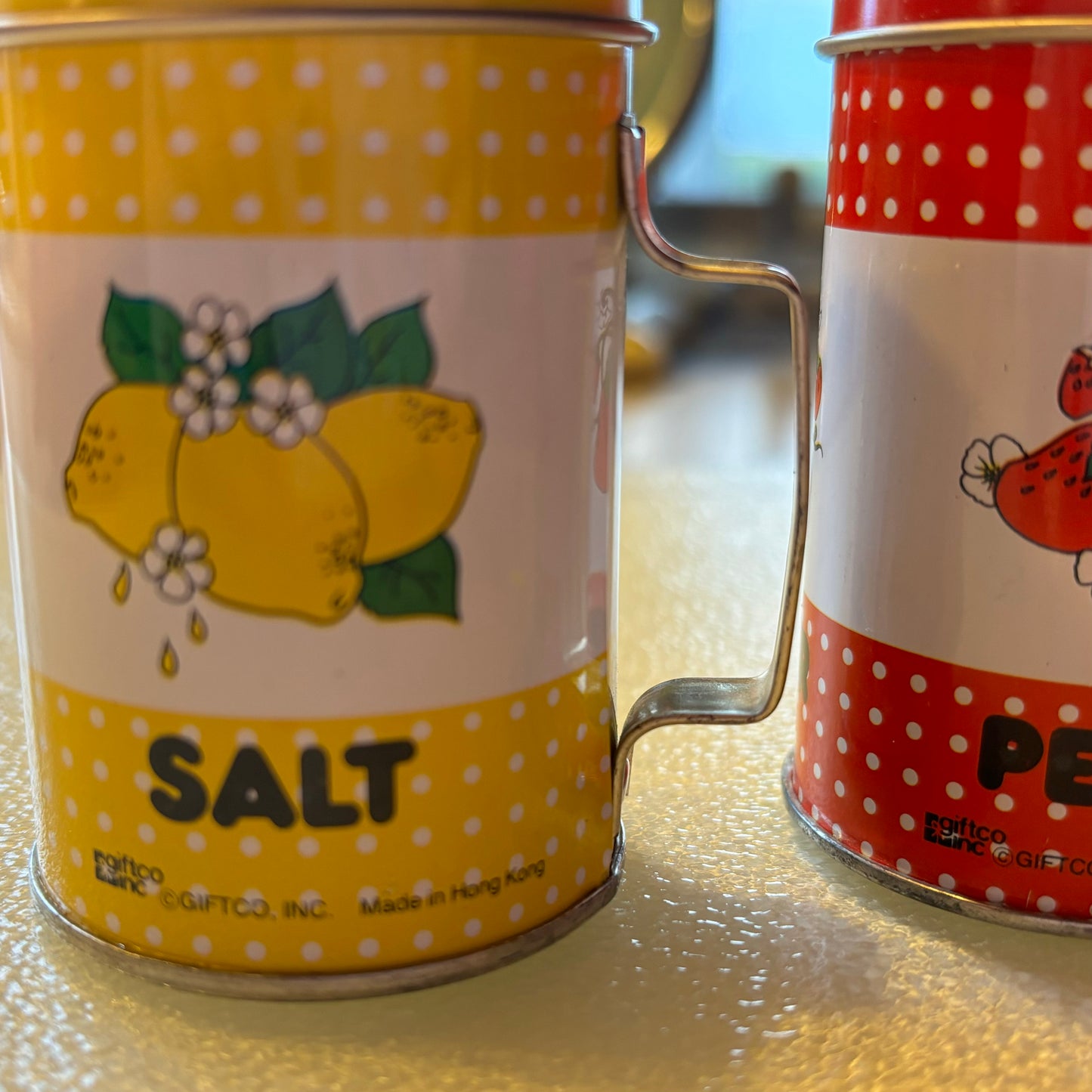 1985 Giftco Lemon and Strawberry Tin Salt and Pepper Shakers | Made in Hong Kong