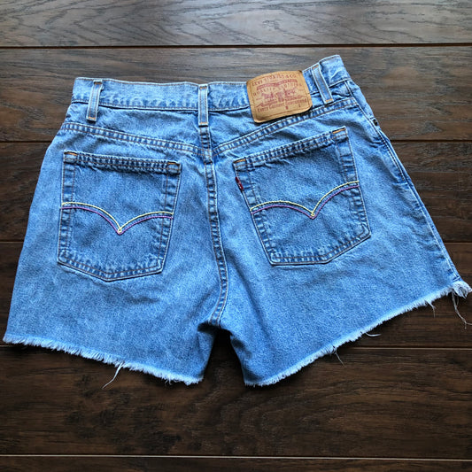 90's Vintage Levis Misses Denim Hand Embroidered Pockets Cutoff Shorts | Made in USA