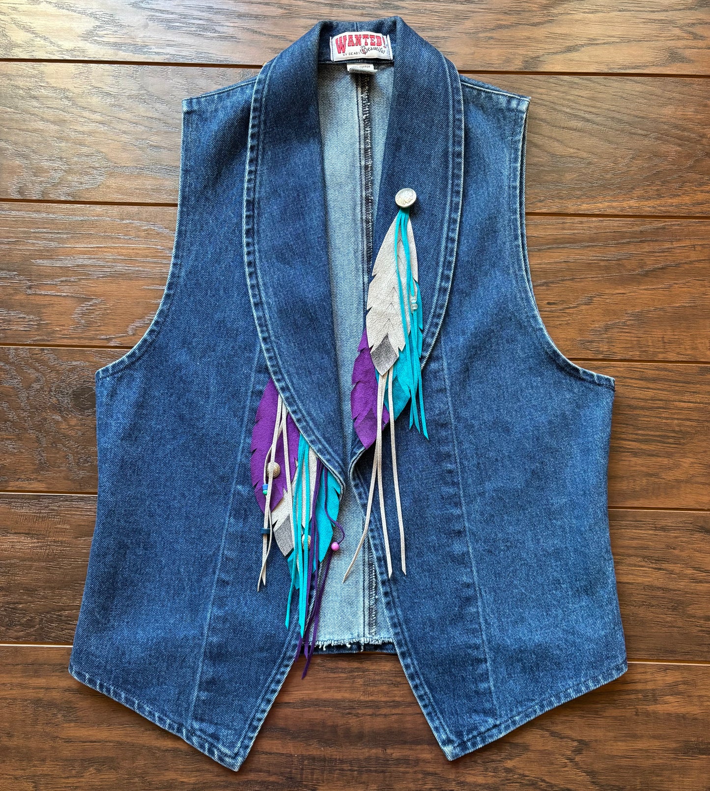90’s Vintage Western Women’s Wanted Beautiful by Beads Denim Vest with Feathers