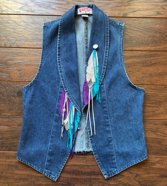 90’s Vintage Western Women’s Wanted Beautiful by Beads Denim Vest with Feathers