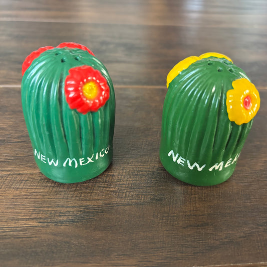 Vintage New Mexico Cactus Salt and Pepper Shakers With Holder, Southwest Souvenir Set, 1960s Kitsch Kitchen Decor