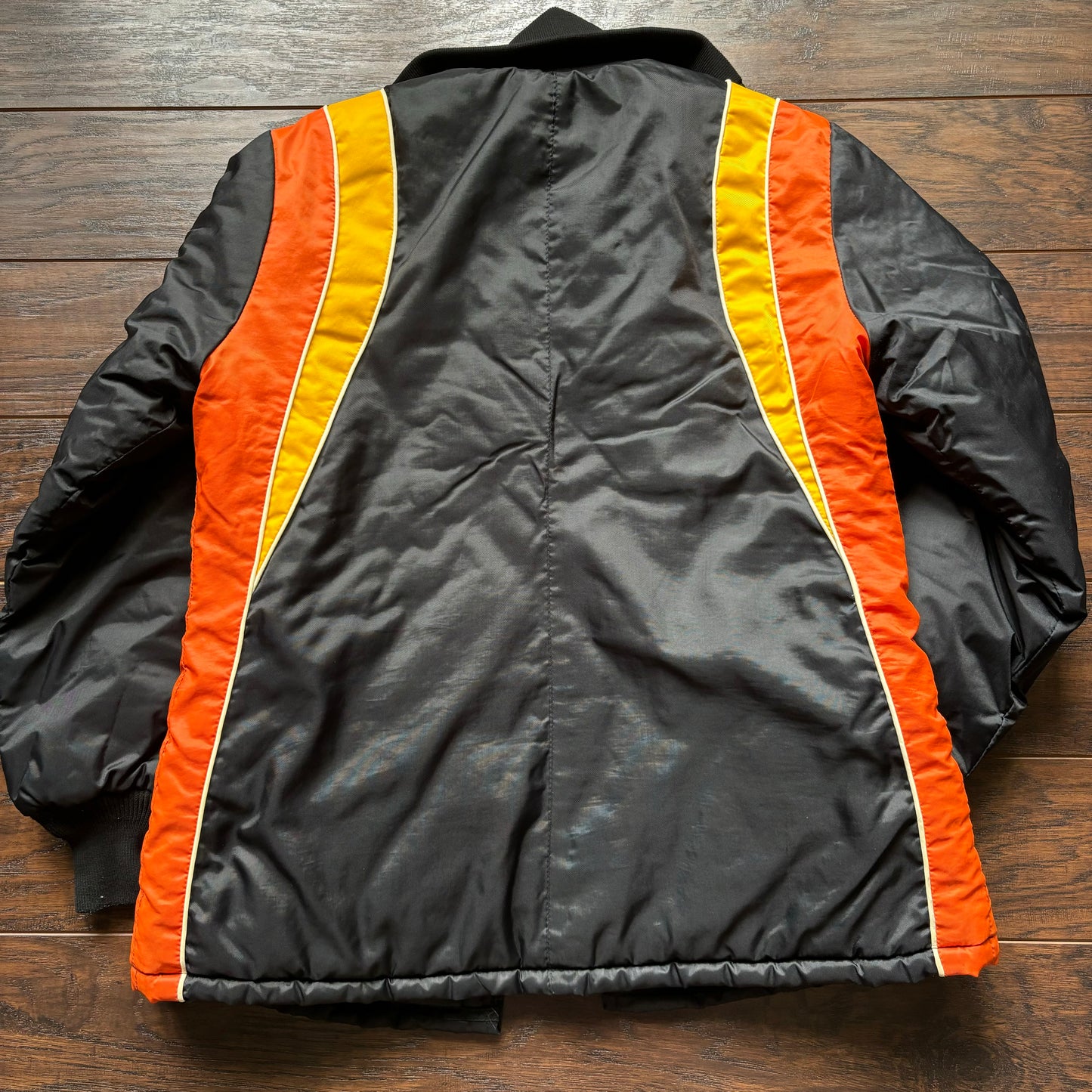 Vintage Bombardier Sportswear Black Ski/Snowmobile Jacket with Yellow and Orange Stripes| Made in USA