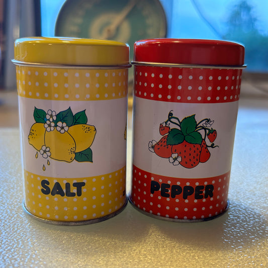 1985 Giftco Lemon and Strawberry Tin Salt and Pepper Shakers | Made in Hong Kong