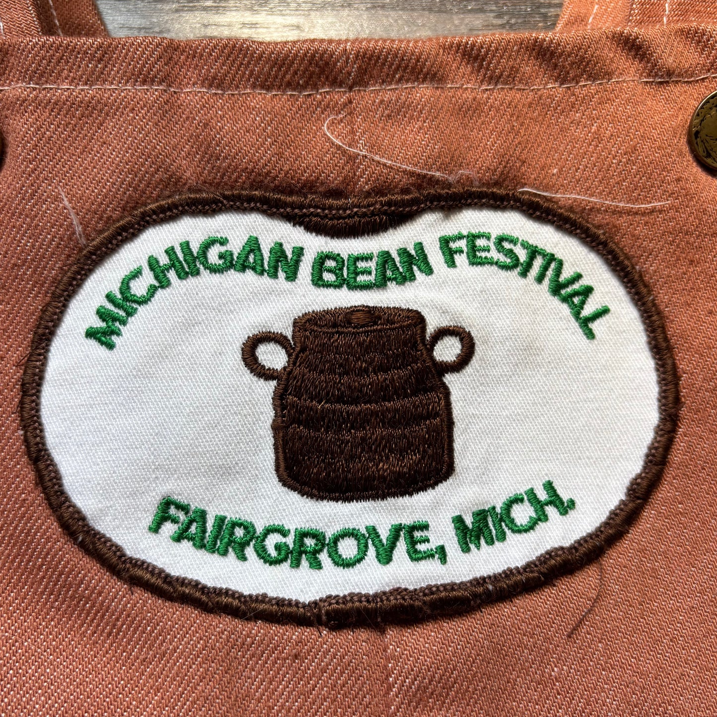 Vintage Handmade Michigan Bean Festival Kids Overalls Fairgrove MI Embroidered Patch 1970s 1980s Farm Festival