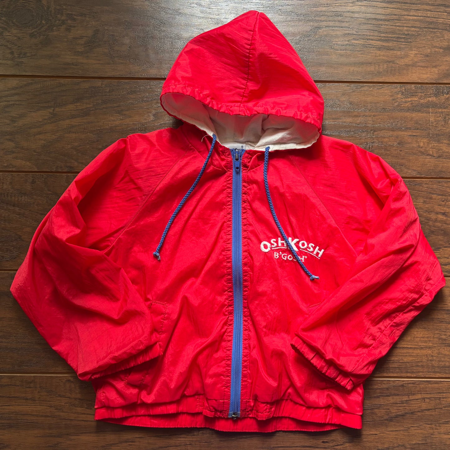 Vintage OshKosh B’Gosh Kids Red Hooded Windbreaker Jacket Embroidered Logo Full Zip Size 5/6