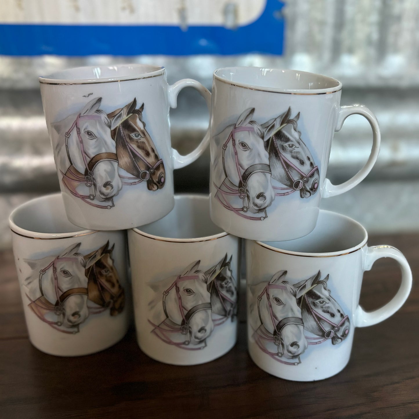 1960’s Vintage Set of 5 Horse Mugs with Gold Trim | Made in Japan